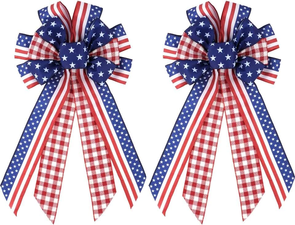 Patriotic Bows for Wreath 2 Pack, 4th of July Buffalo Check Gingham Bow Red White Blue Stars 20.87 x 11.42 Inch Wired Edge for Front Door Outdoor Decor