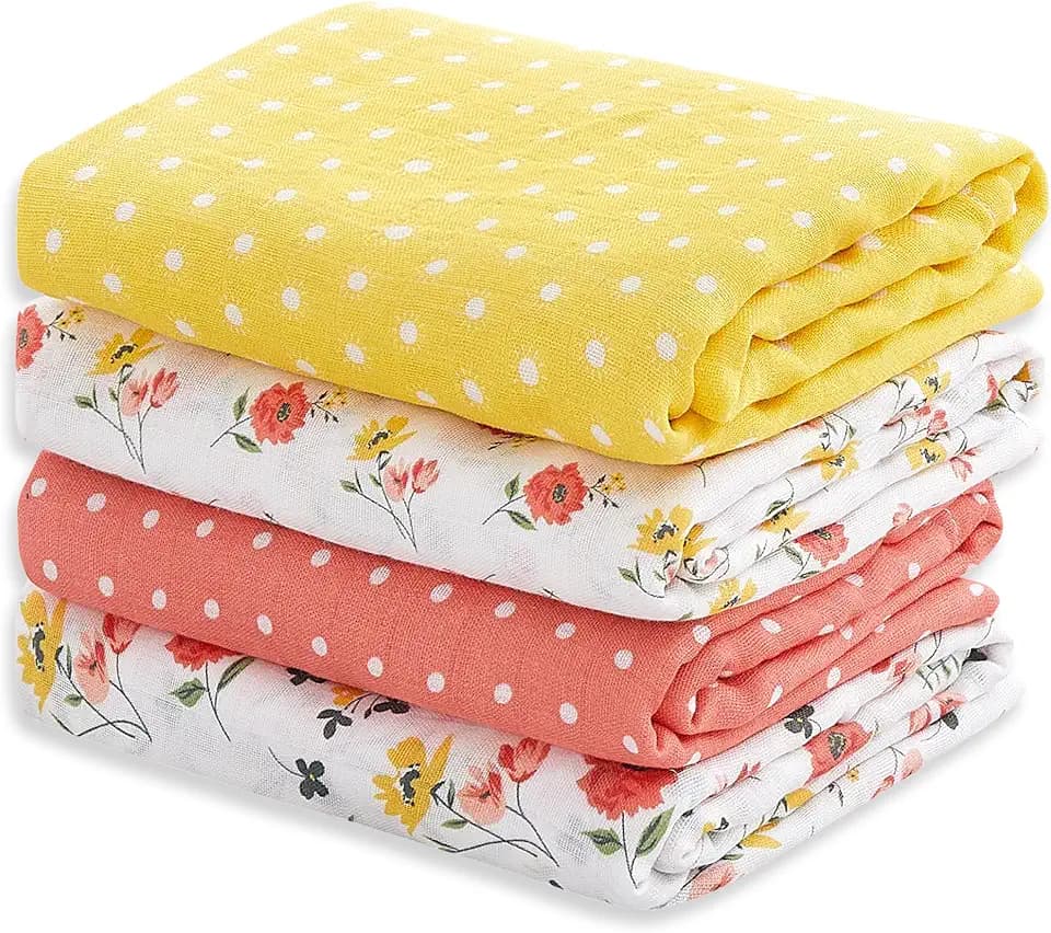 Softan Swaddle Blanket, 47x47 in Muslin Swaddle Receiving Blanket for Newborns, Breathable & Soft, 4 Pack Yellow Flower
