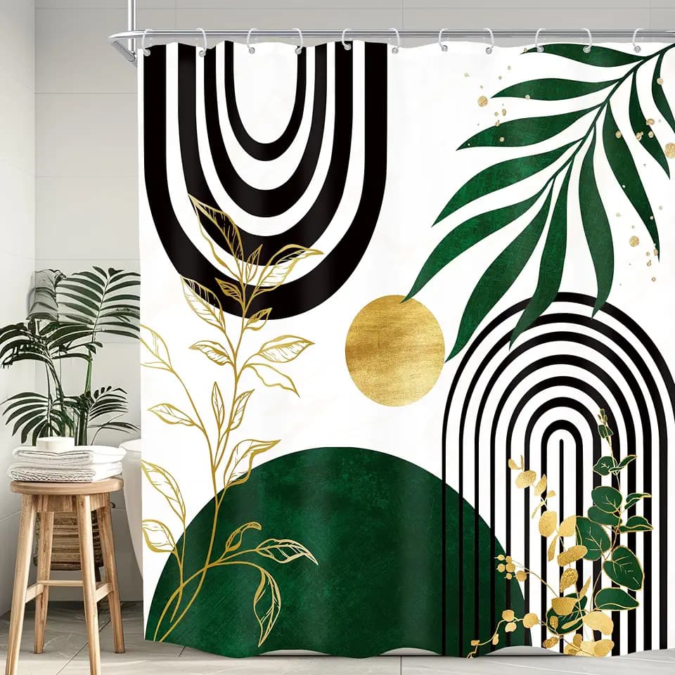 Boho Green Mid Century Modern Abstract Gold Bathroom Shower Curtain Set