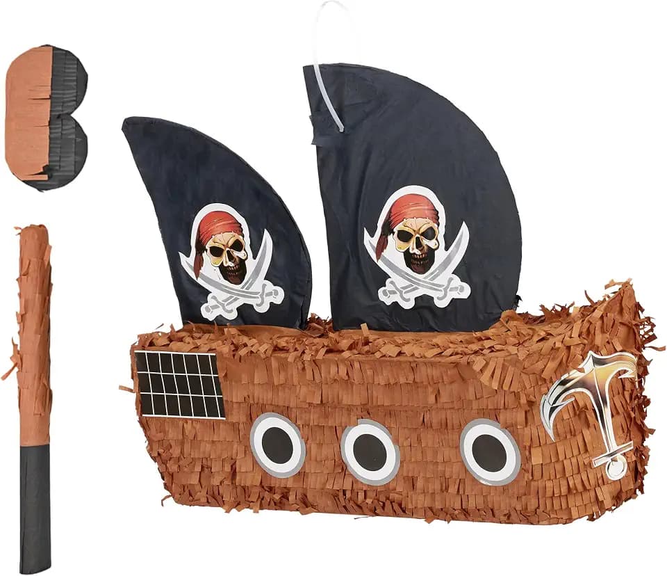 Relaxdays Pinata Piratenschiff, mit Stab & Maske, Partypinata Kinder, Geburtstag, zum Befüllen, HxBxT: 35x44x15 cm, bunt