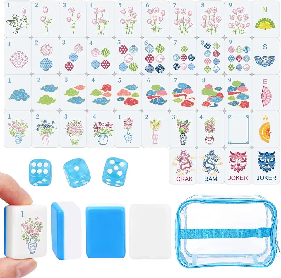 162 American Mahjong Tile Set, 1.2" Mini Blue 3D Engraved Melamine Mahjong Tiles with Storage Bag & Dice, Travel Game for Adults, Friend & Family Game Night, Gifts for Mah-jongg Lovers