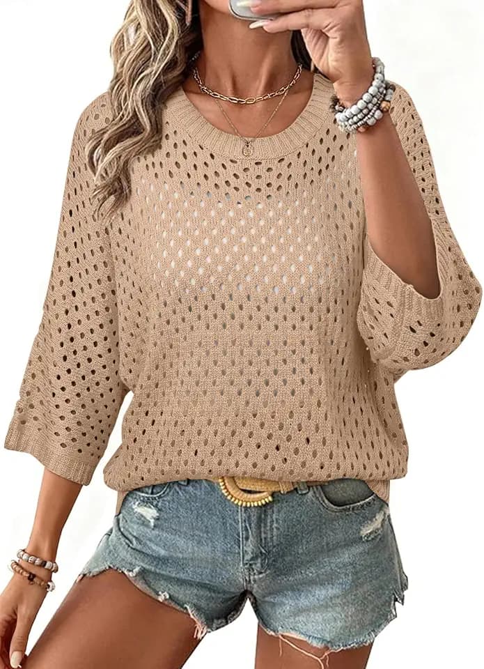 SHEWIN Womens Sweaters Crew Neck 3/4 Length Sleeve Crochet Tops Knit Beach Cover Ups Spring Outfits for Women