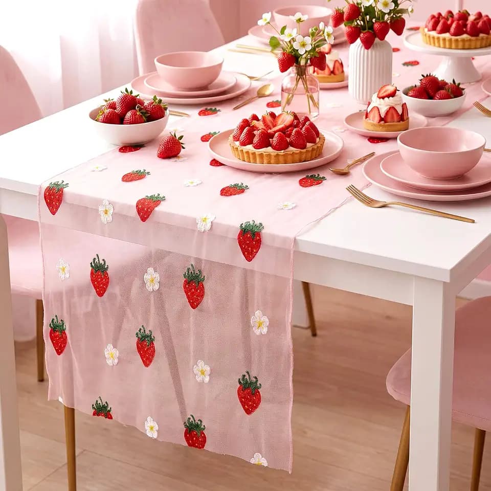 Mindsoft Strawberry Table Runner 10 Ft/120 Inch Baby Shower Decorations Tulle Lace Table Runner for Birthday Baby Shower Party Wedding Summer Home Decor