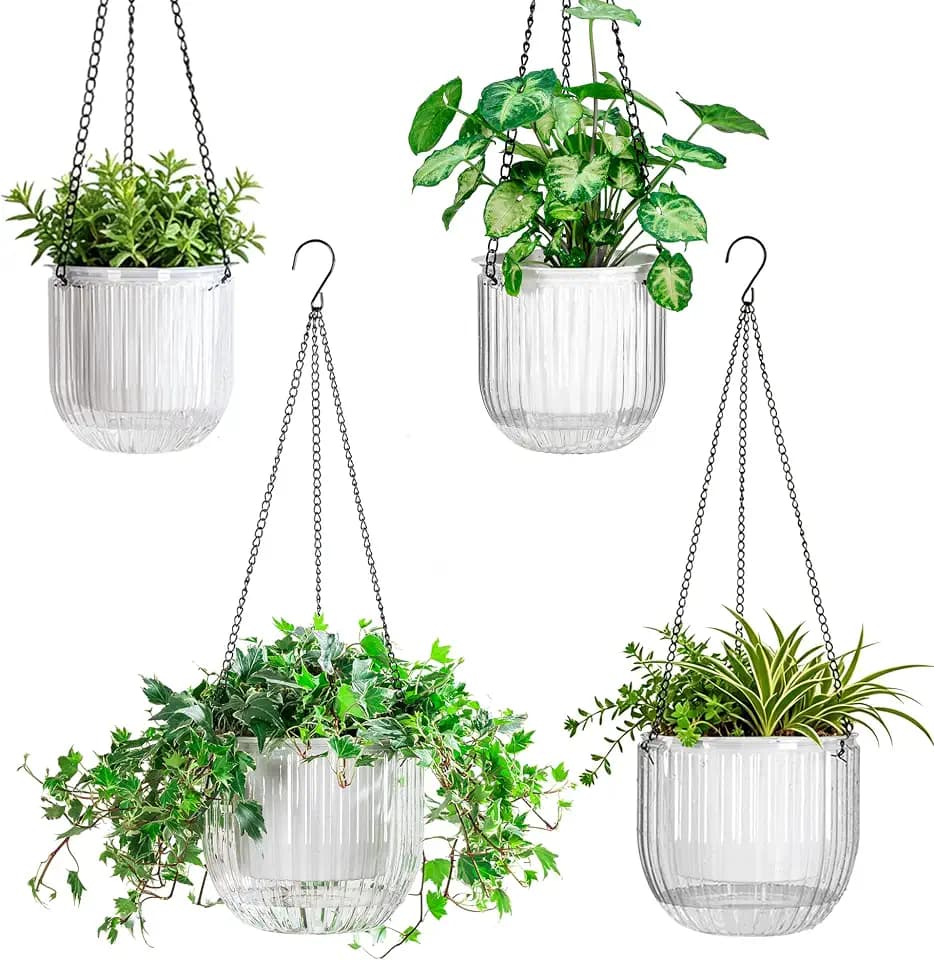 Melphoe Self Watering Hanging Planters Indoor Flower Pots, (8.3’’+8.3’’+5.3''+5.3'' 4Pack) - Outdoor Hanging Plant Pot Basket, Plant Hanger with 3Hooks Drainage Holes for Garden Home (White)