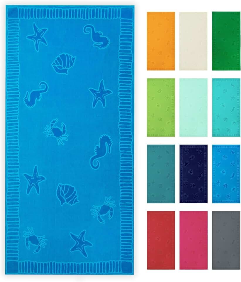 ZOLLNER Strandtuch - hautfreundliches und saugstarkes Handtuch in 100x200 cm - waschbar bis 60°C - Baumwolle in hellblau - eingewebte Meerestiermotive - Oeko Tex® Zertifiziert