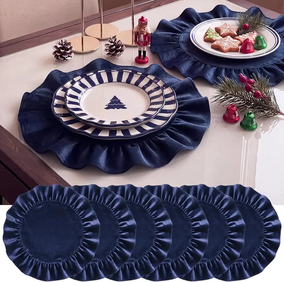 FoldTier 6 Pcs Christmas Navy Blue Velvet Placemat Round Ruffles Placemat