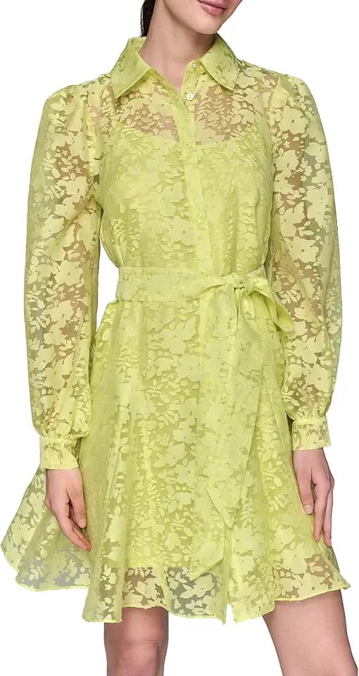 Karl Lagerfeld Women's Long Sleeve Collared Organza Overlay Belted Mini Dress
