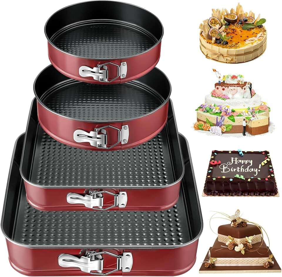 FAMKEEP Springform Kuchenform Set 4 Stück Kuchenformen,Abnehmbarer Flachboden,Auslaufsicher Antihaft,Runde Backform,Tortenform zum Backen Verschiedener Kuchen unt Brot (16/20/22/26 cm)- Rot