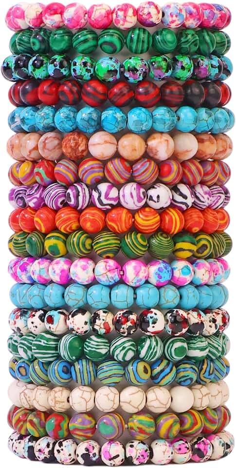 18Pcs Malachite Pattern Beaded Bracelets Set for Women Men, 8mm Round Beads Stretch Bracelets, 7.28 Inch Elastic Stackable Bracelets, Colorful Handmade Wristbands for Party Favors, Gifts, Daily Wear