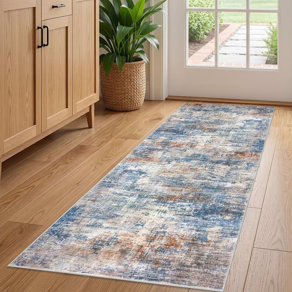 IOHOUZE Abstract Runner Rug 2x5 Ft Washable Runners for Hallways, Non Slip Kitchen Runner Printed Faux Wool Entryway Runner Indoor, Modern Abstract Floor Carpet for Hall Bedroom, Blue Rust