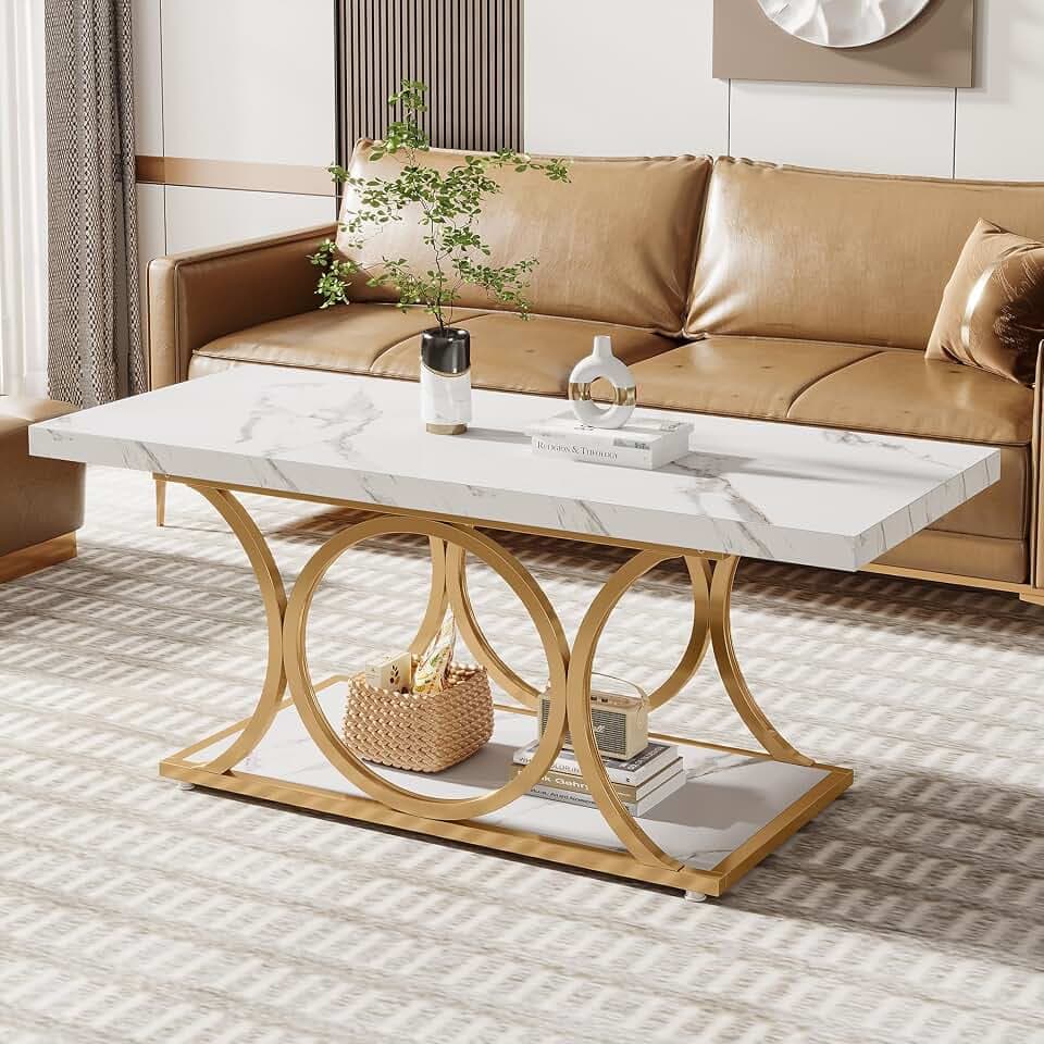 Tribesigns 46.45” Rectangle Coffee Table, Modern Coffee Tables for Living Room, 2-Tier Faux Marble Wood Coffee Table with Geometric Legs, Furniture with Storage Shelf (White & Gold)