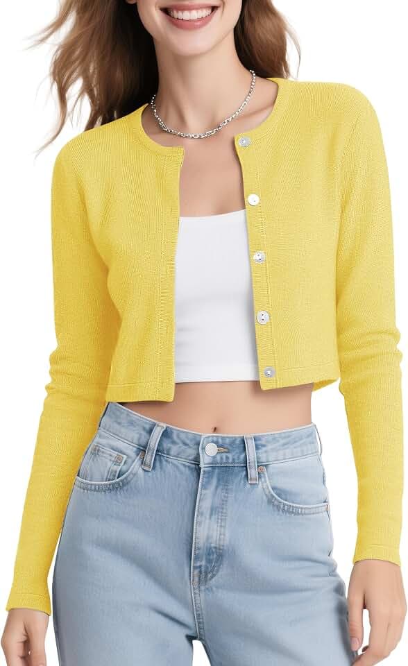 Urban CoCo Women's Long Sleeve Button Up Cropped Cardigan Sweaters for Women Crew Neck Short Bolero Shrug for Dresses
