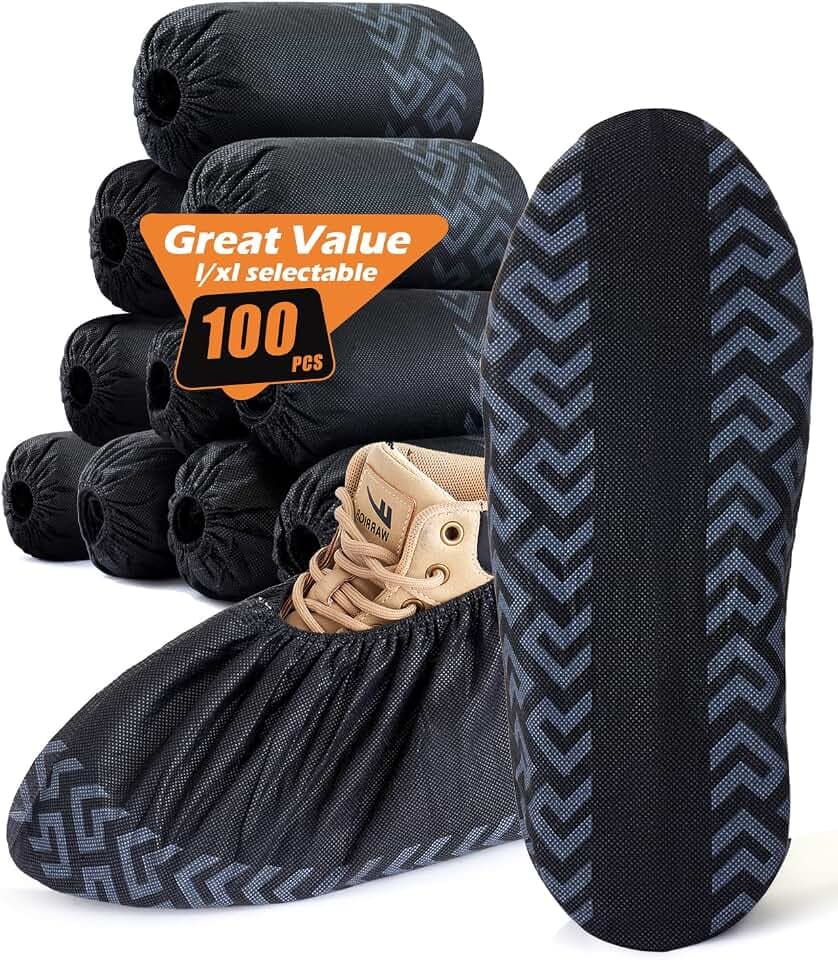 X-Large 100 Pcs Shoe Covers Disposable Non-Slip, Breathable Shoe Covers for Indoors, Slip-resistant, Durable, Non-Woven Booties for Shoes Covers,Stretchable Fits Up To13 US Men,Black
