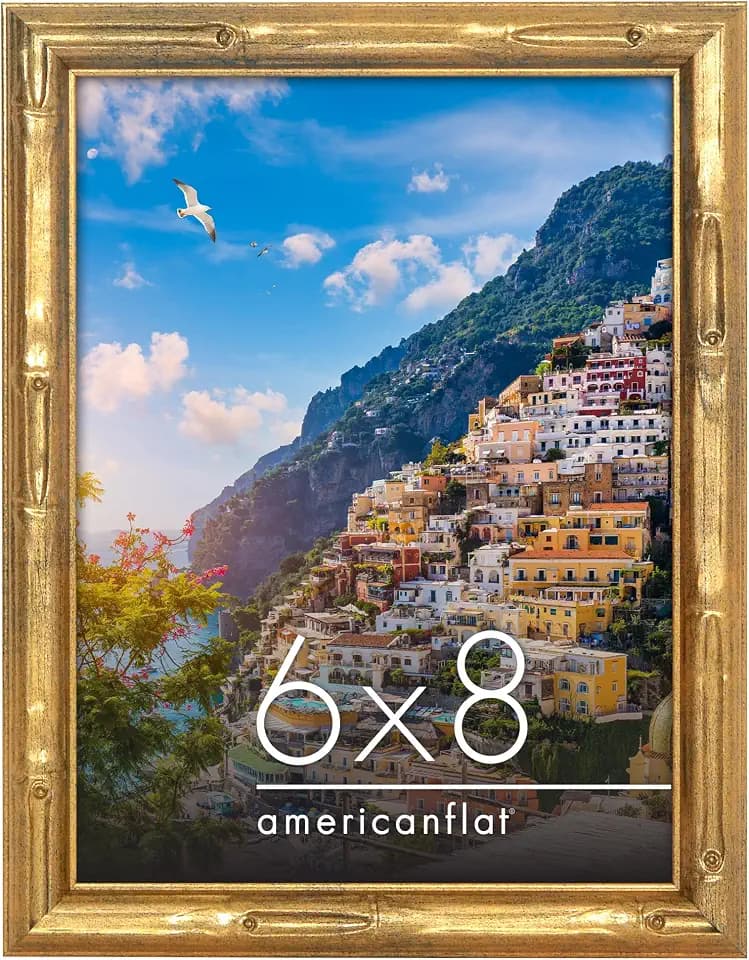 Americanflat 6x8 Picture Frame with Bamboo-Style Molding - Gold Bamboo Frame with Shatter-Resistant Glass - Elegant Gallery Style Frames for Tabletop or Wall Display - Gold