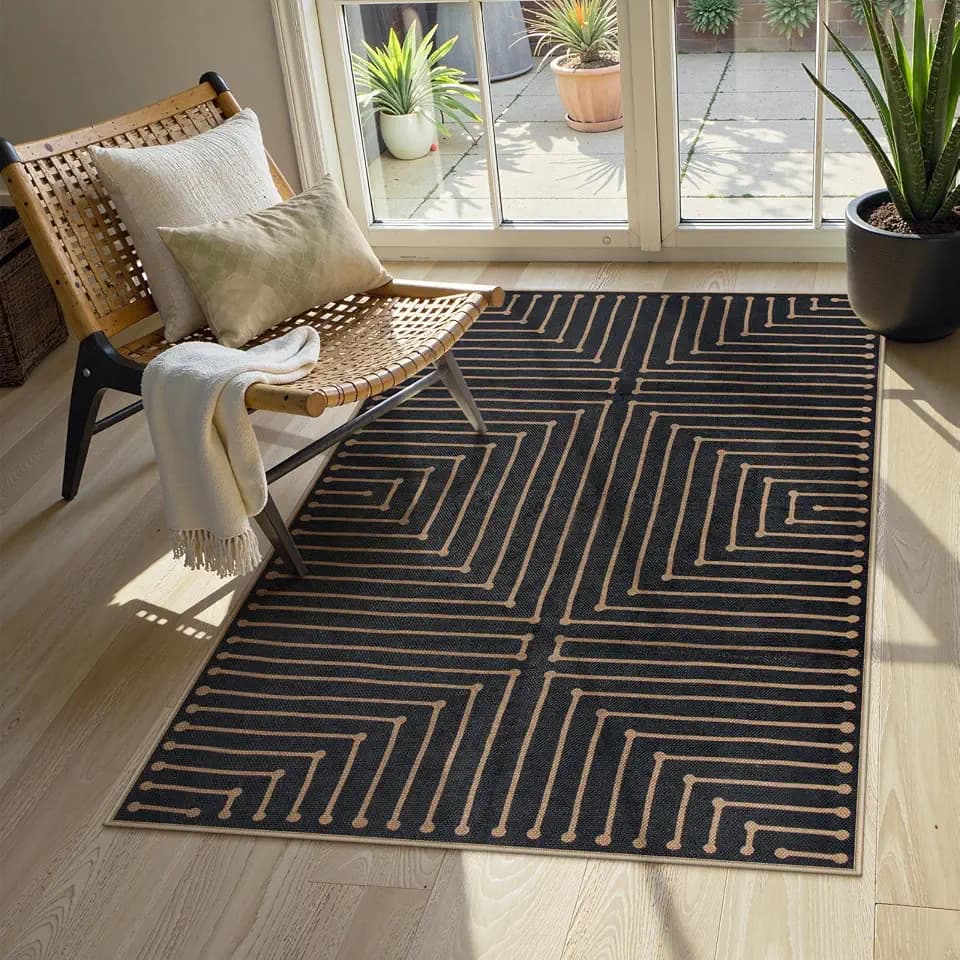 Lahome Black 3x5 Washable Rug, Neutral Easy Jute Entryway Front Porch Rug