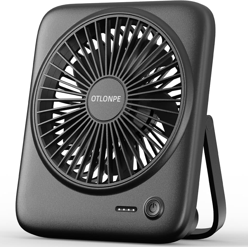 Otlonpe Tischventilator Leise, 4000mAh Akku Tisch Ventilator Tragbar, 4-Speed Tischventilatoren Klein, 180° Klappbarer USB Ventilator für Büro, Schlafzimmer, Reisen