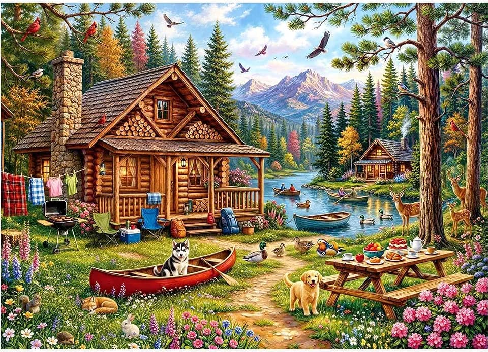 Cabin Getaway Puzzle for Adults 1000 Pieces,Peaceful Log Picnic Lake