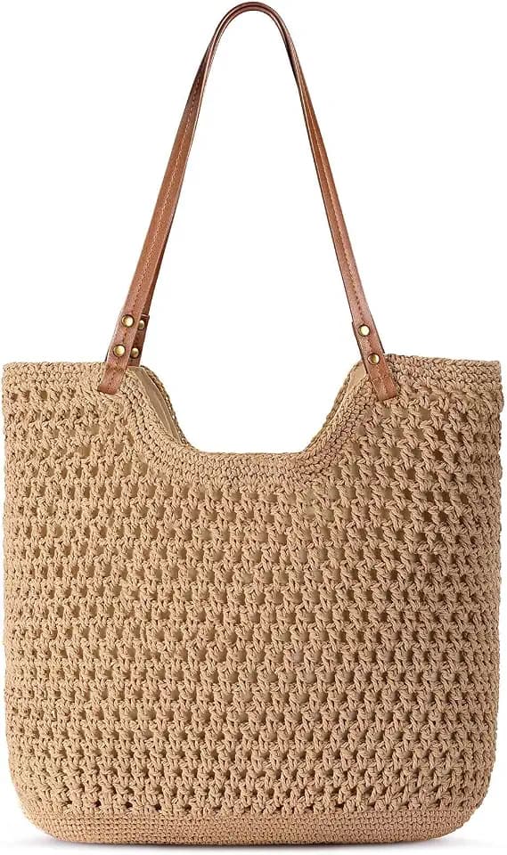 Pleneal Crochet Beach Bag Purse Summer Woven Tote Shoulder Bag with Lining