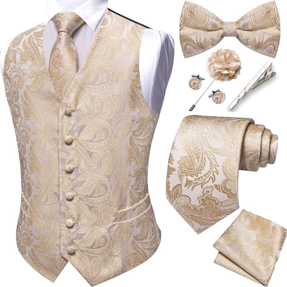 Barry.Wang Herren-Paisley-Weste, formelle Anzugwesten, Krawatte, Fliege, Set, Jacquard-Clip, Einstecktuch, Manschettenknöpfe, Anstecknadel, Hochzeit, 8 Stück