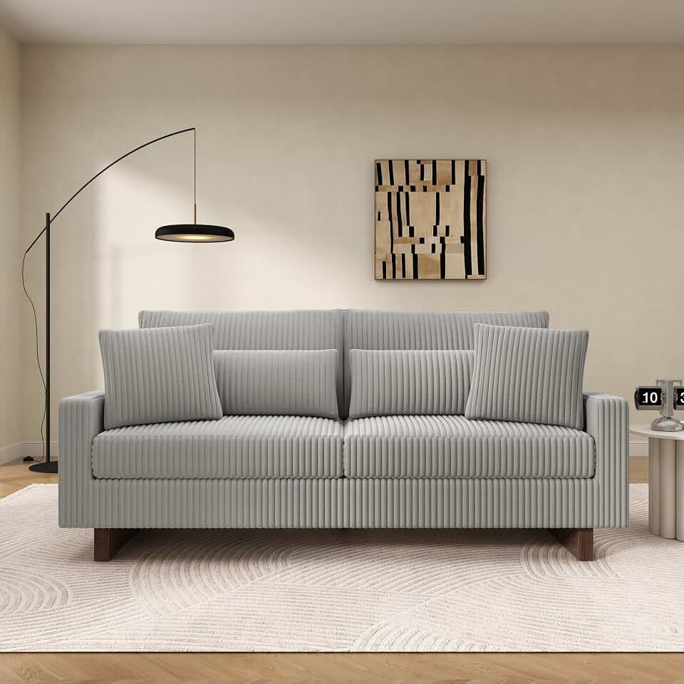 Christopher Knight Home Vincenzo 80.3" Corduroy Upholstered Loveseat with Wood Legs, Modern Loveseat Sofa Couch for Living Room with 4 Pillows, Soft Seating Lounge Sofa Chair with Armrest, Grey
