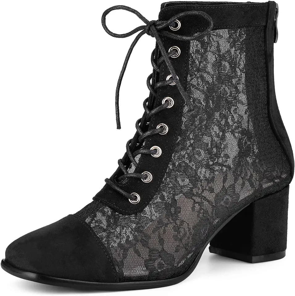 Perphy Square Toe Lace Up Floral Lace Block Heels Ankle Boots for Women