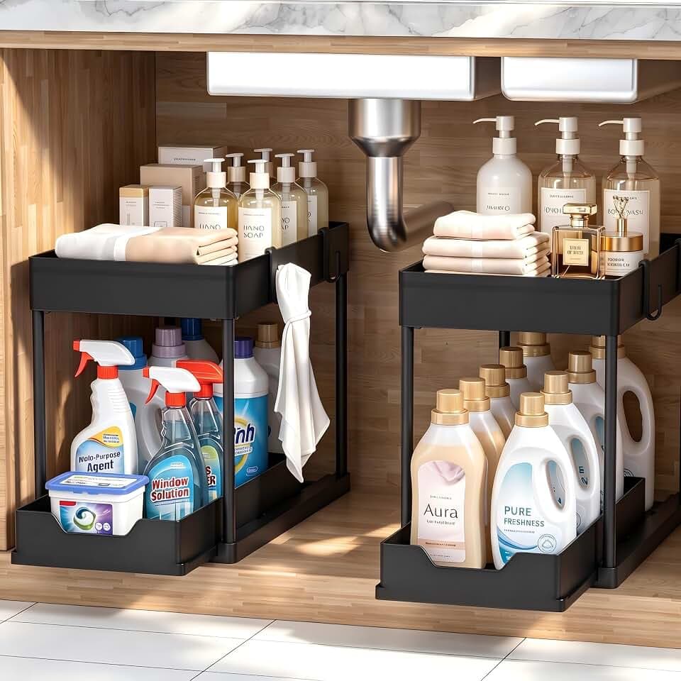 DEKAVA Küchen Organizer, 2 Unter Waschbecken Regal, Schrank Küchenorganizer mit 4 Haken, Schrankkorb für Küche, Bad, Putzmittel, Waschmittel （Schwarz）