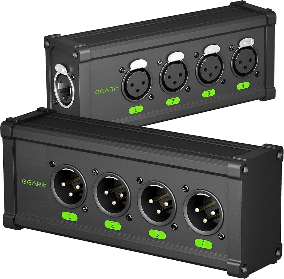 GEARit XLR Over Ethernet Adapter, 4 Channel XLR Over Cat5/Cat6 Snake Extender Box, Ethercon-Compatible RJ45 to XLR Adapter for 3-Pin DMX and Analog Audio, Supports 48V Phantom Power(1 Pair)