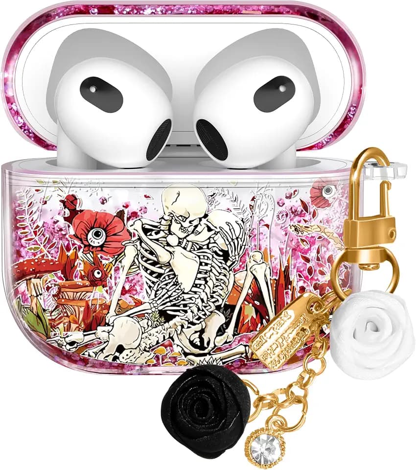 for Airpods 3rd Generation Case - Quicksand Liquid Cute Kawaii Mujer Girl Women Aesthetic Cover Sparkling Sparkle Glitter Bling Skull Mushroom Keychain Girly for Airpods 3 Case