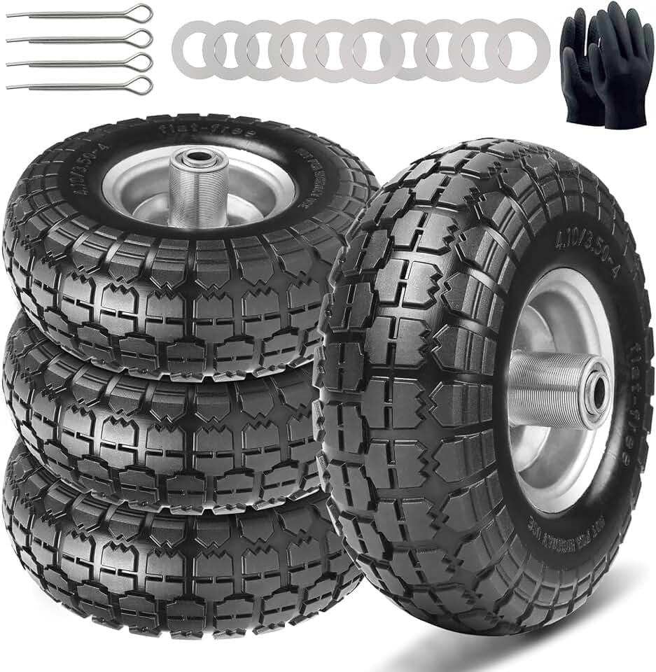 10" Solid Tires, 4.10/3.50-4 Tire and Wheel Flat Free, Gorilla Cart Tires Replacement, 4-Pack Solid Rubber Wheels with 5/8" Axle for Hand Trucks, Wheelbarrows, Dollies, Wagons & Garde (10 Inch 4-Pcs)