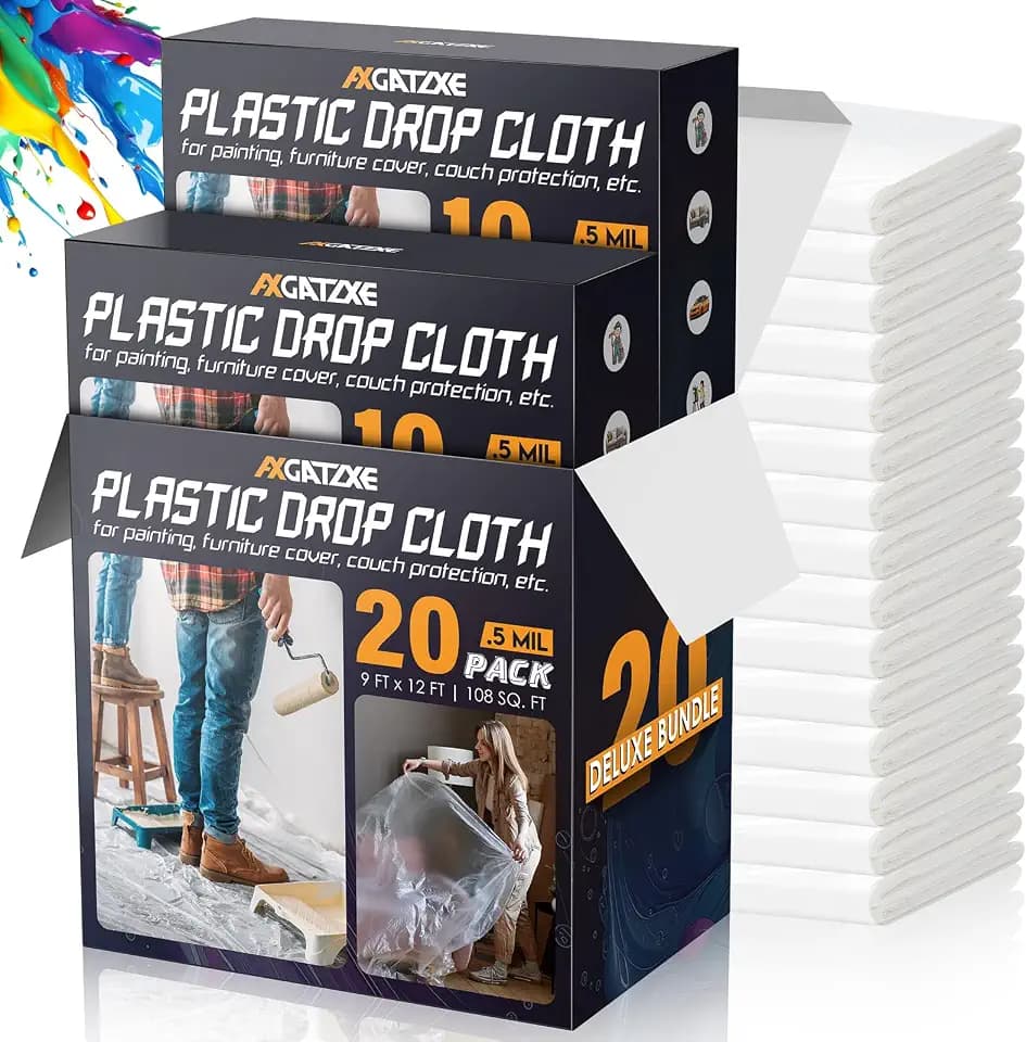 Axgatoxe 12 x 9 Ft Plastic Drop Cloths for Painting (20-Pack)
