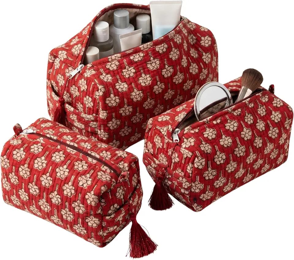 ATOSII Set of 3 100% Cotton Handblock Print Quilted Toiletry Cosmetic Makeup Travel Bag for Women, Waterproof Inner Lining, Jewelry Essentials Storage Case, Toiletries Pouch Purse, Terra