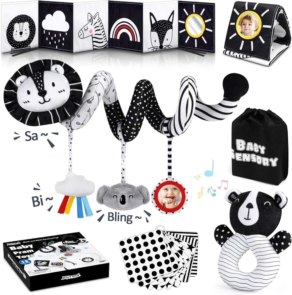 Joyreal Kinderwagen Spielzeug - Schwarz Weiss Spielzeug Stoffbuch, Kontrastbuch Baby, Kontrastkarten Baby, Sensorik Kontrast Spielzeug, Neugeborenen