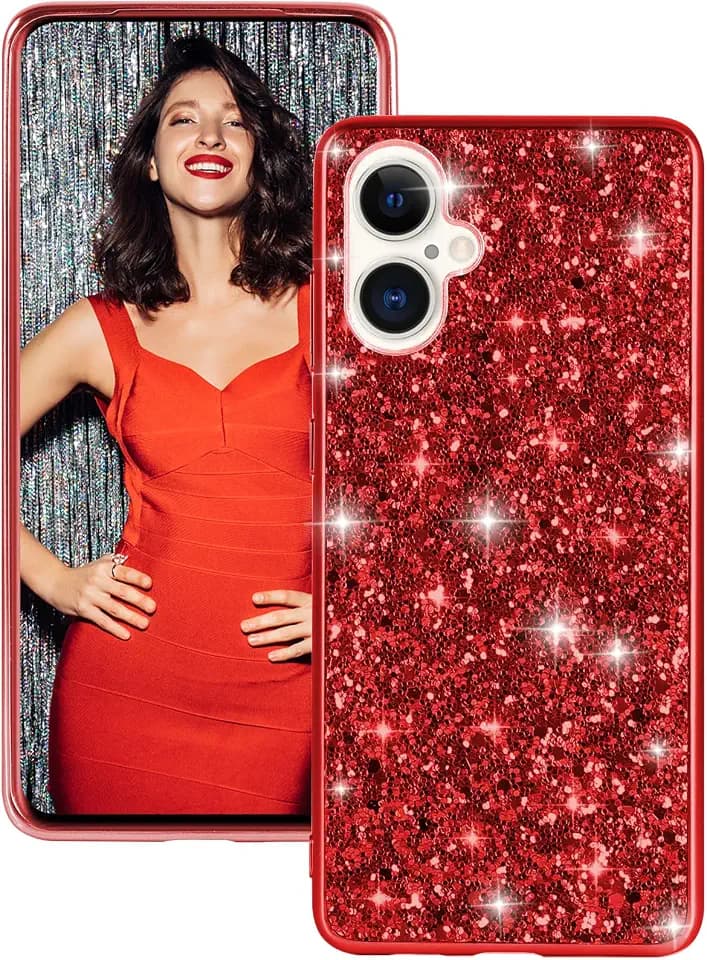 Fiyer iPhone 16 5G Hülle Glitzer Bling Sparkle Case Cover Ultra Dünne Leichte Ganzkörper Stoßfest Anti-Kratzer Silikon Schutzhülle für iPhone 16 5G (Rot)