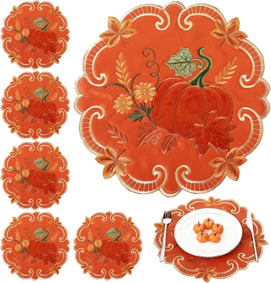 HunnmingRe 6 Pcs Fall Pumpkin Placemats, Velvet Thanksgiving Table Placemat