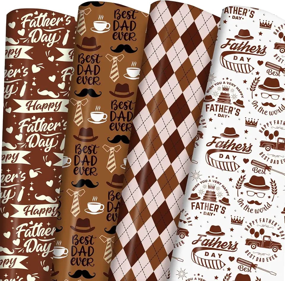 Ulmasinn Father's Day Wrapping Paper - Premium Brown Gift Wrap for Dad with Happy Father's Day & Best Dad Ever Prints - 20x29 Inches, 8 Sheets - Vintage Tie & Mustache Design - Ideal for Gifts