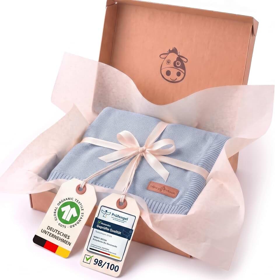 Babydecke aus 100% Bio Baumwolle (Öko-Tex 100) Gr. 94x72cm blau - Baby & Kuscheldecke Geschenk für Neugeborene zur Geburt Erstausstattung - Pucktuch & Baumwolldecke Mädchen & Jungen