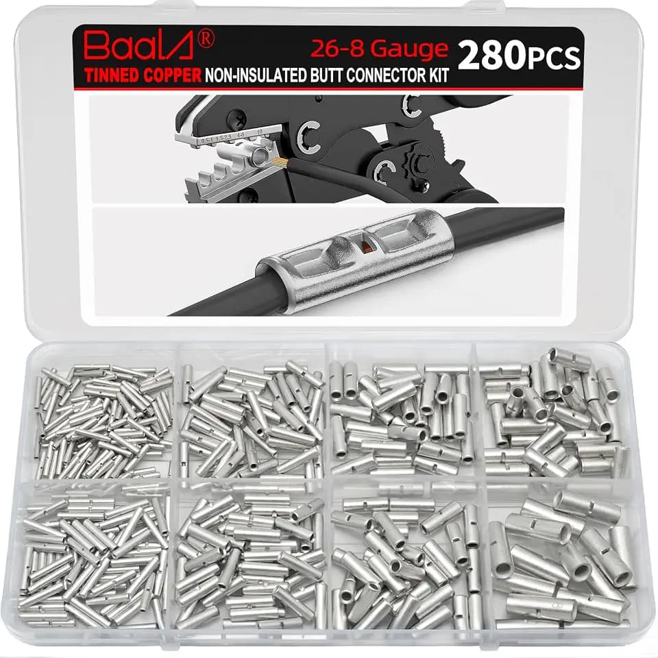BAALA 280 PCS Non Insulated Butt Connectors Kit, 26-8 Gauge Butt Splice Connector Tinned Copper, Butt Connectors Crimp Wire Butt Connector for Wiring