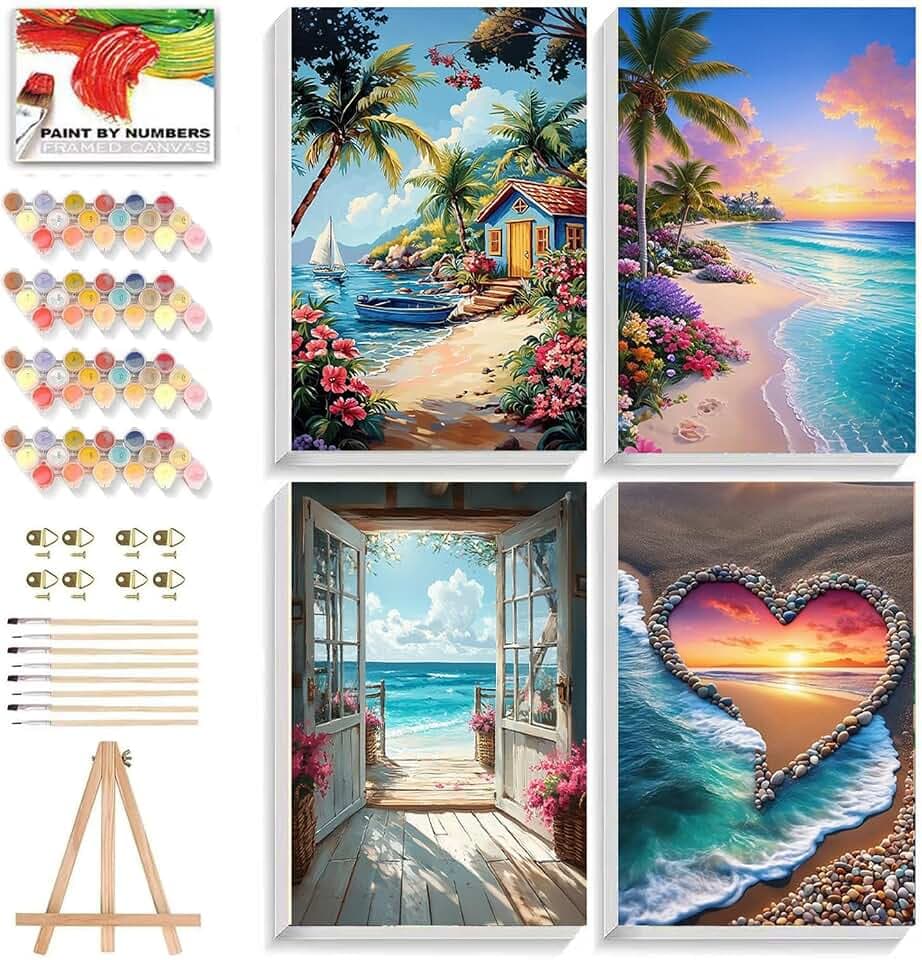 ICYANART 4 Pack Beach Paint by Numbers for Adults with Framed and Easel
