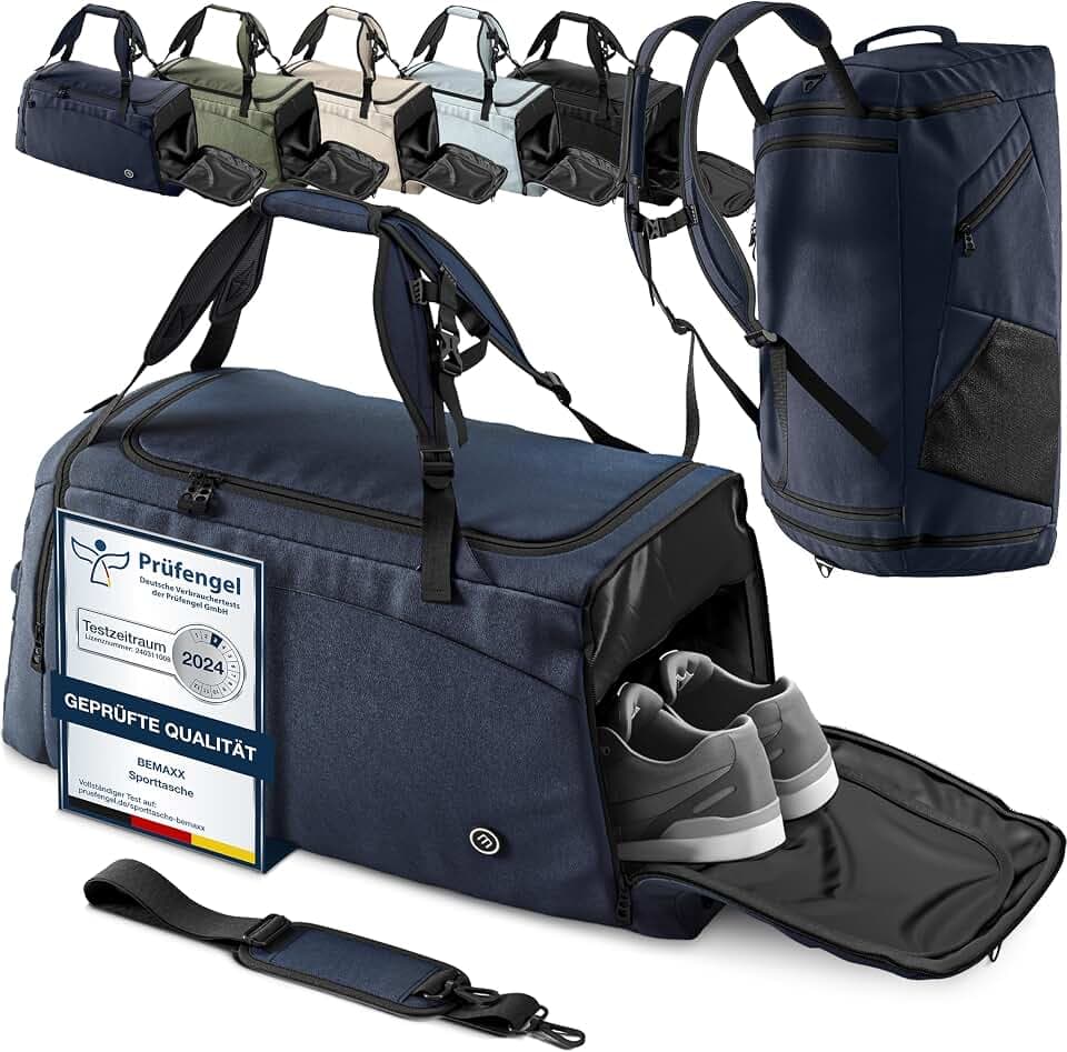 Sporttasche Trainingstasche + Rucksackfunktion, Schuhfach, Nassfach | Reisetasche Schwimmtasche Fitnesstasche Sport Gym Fitness Umhängetasche Handgepäck Weekender Bag Herren Damen | 60 L, Blau