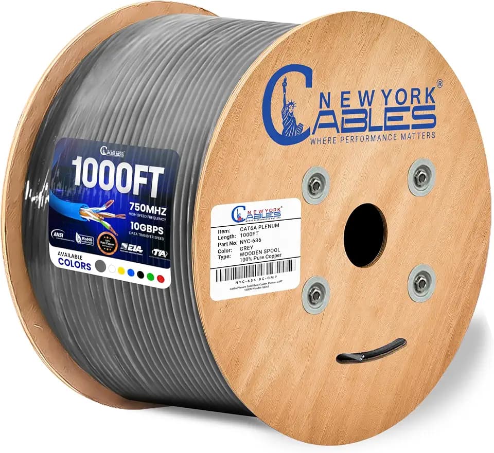 Newyork Cables | Cat6a Plenum Ethernet Cable 1000ft Certified 100% Solid Pure Copper 23 AWG, 10Gbps, 750MHz, PoE++ (4PPoE, up to 90 W) | High-Performance Cat 6a Cable for High Speed Networking