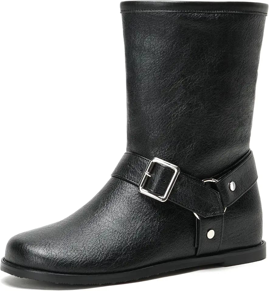 Cozivwaiy Black Ankle Boots For Women Round Toe Flats Comfortable Slip On Buckle Riding Low Heel Dress Casual Boots