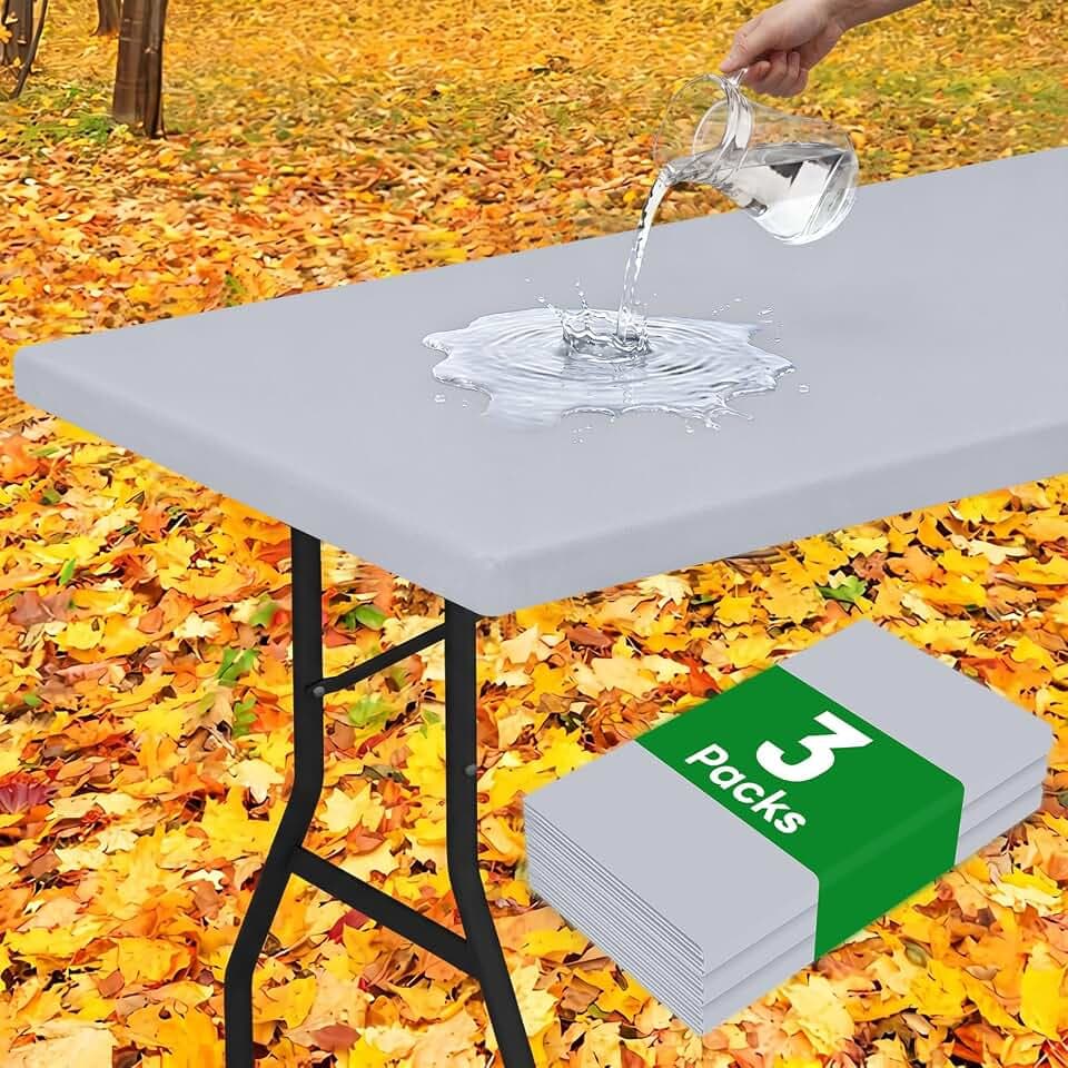 Smiry 3 Pack Rectangle Table Cloth, Elastic Fitted Flannel Backed Vinyl Tablecloths for 8ft Folding Tables, Waterproof Wipeable Table Covers for Outdoor, Camping and Picnic (Light Grey, 30"x96")