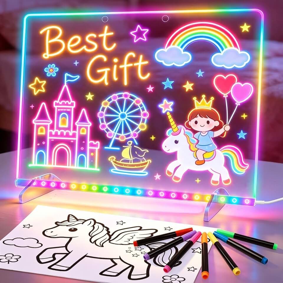 16'' Led Drawing Board for Kids with 8 Colors 6 Modes, Led Note Board with Colors, Light up Acrylic Dry Erase Board Includes Adapter, 7 Markers, Glow Doodle Board Holiday Gifts for Kids/Girls/Teens