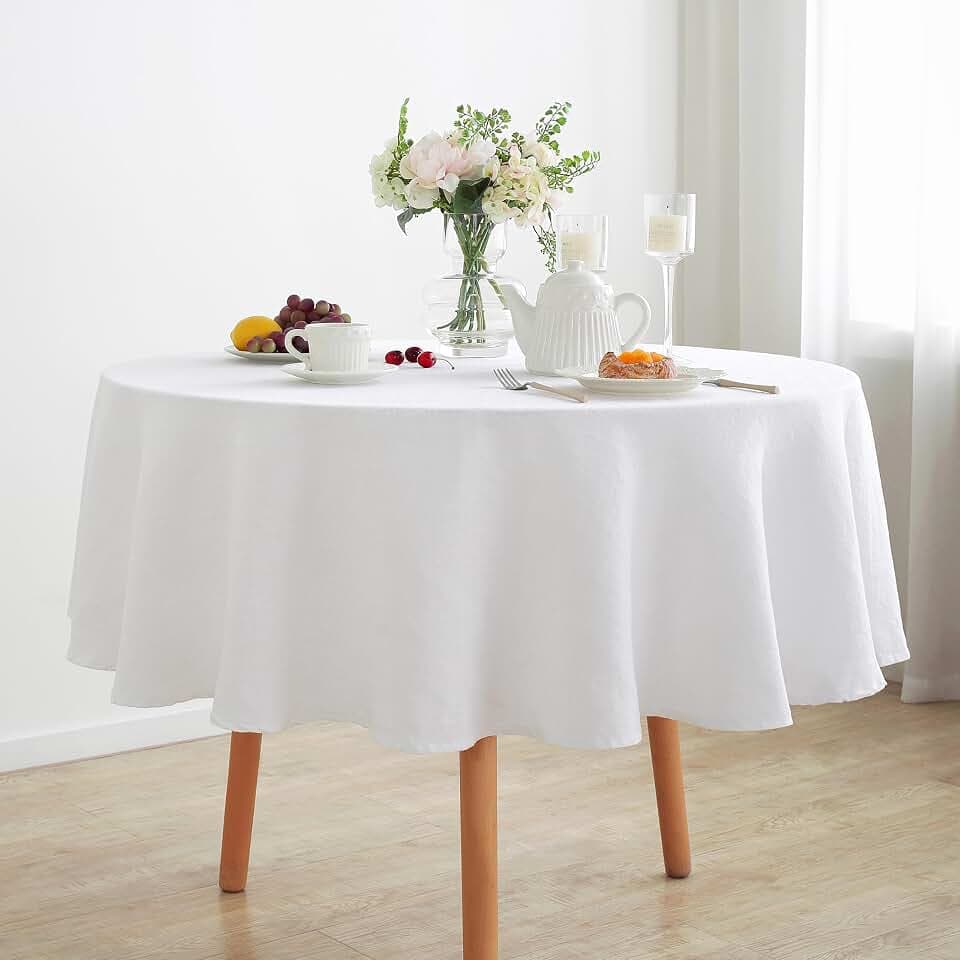 Linen World Linen Tablecloth,100% French Linen Round Tablecloth 70" Inch,Washable White Tablecloth for Dining,Outdoor,Weddings and Restaurants,Decorative Thanksgiving Christmas