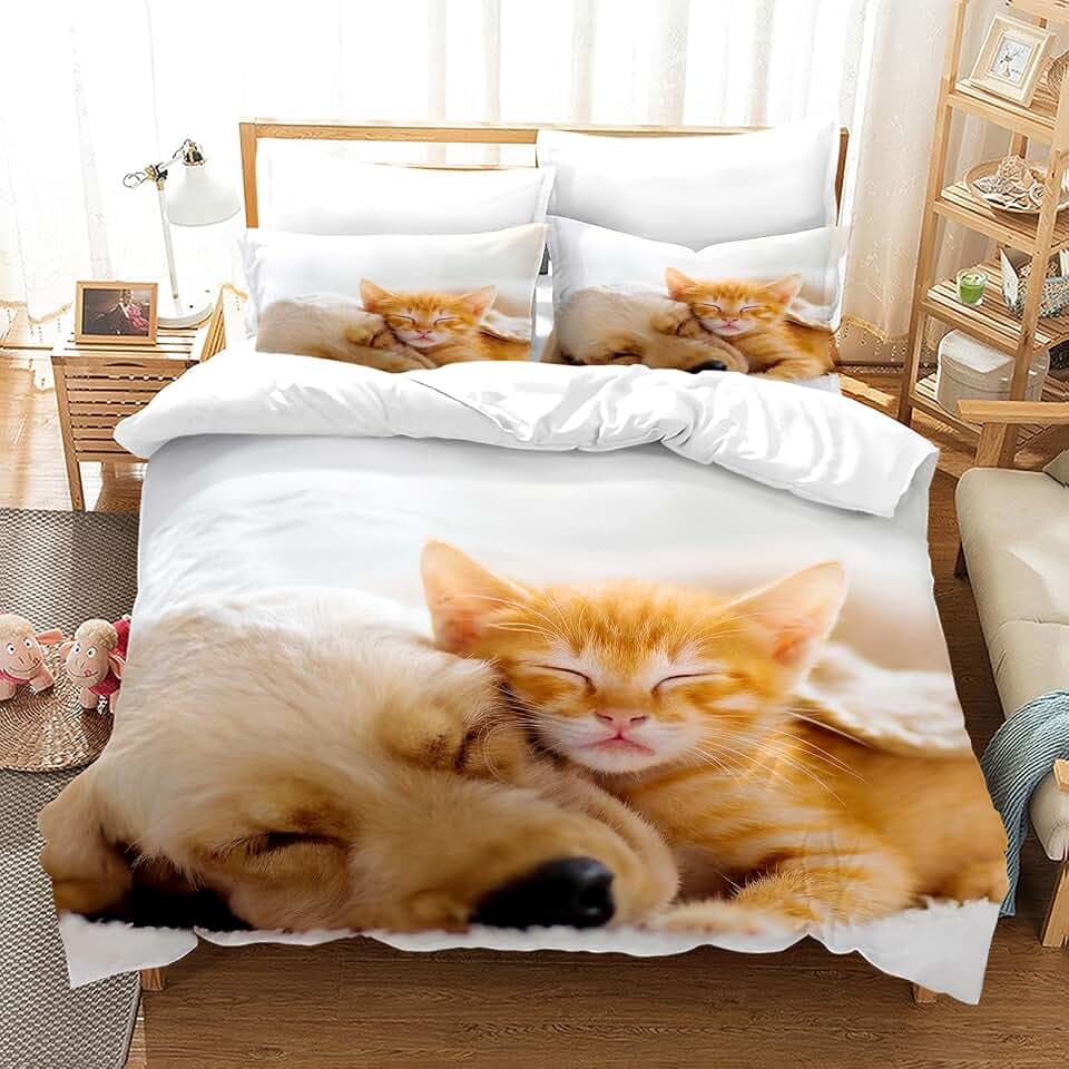 Bettbezug mit Katze, Bettbezug und Kissenbezug, 65 x 65 cm, Kitty, 3D-Tiermotiv, Bettwäsche-Set Katze (Katzen und Hunde - 2, 140 x 200 cm)