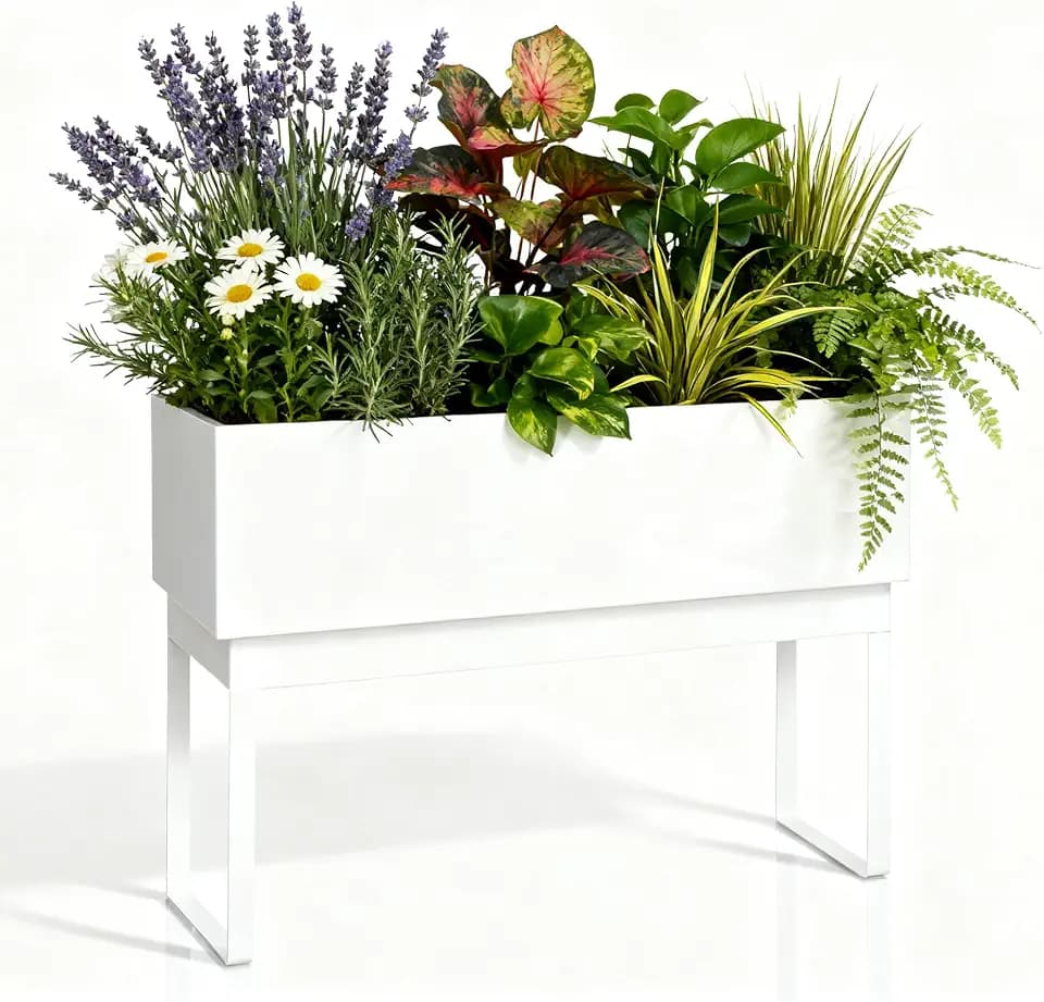 Worth Raised Metal Planter Box with Legs, 30"x12.5"x24" Elevated Garden Bed for Indoor & Outdoor Use – Glossy White Galvanized Steel Planter with Drainage Hole & Plug for Vegetables, Flowers & Herbs