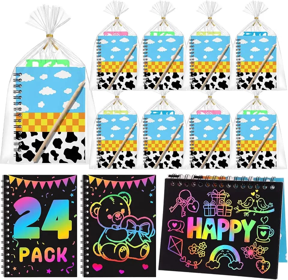 24 Pack Cartoon Story Scratch Party Favors Art Crafts: Bulk Scratch Notebook Paper Pads, Wooden Stylus, Drawing Stencils and Gift Bags for Gifts Birthday Party Favors Goodie Bag Stuffers