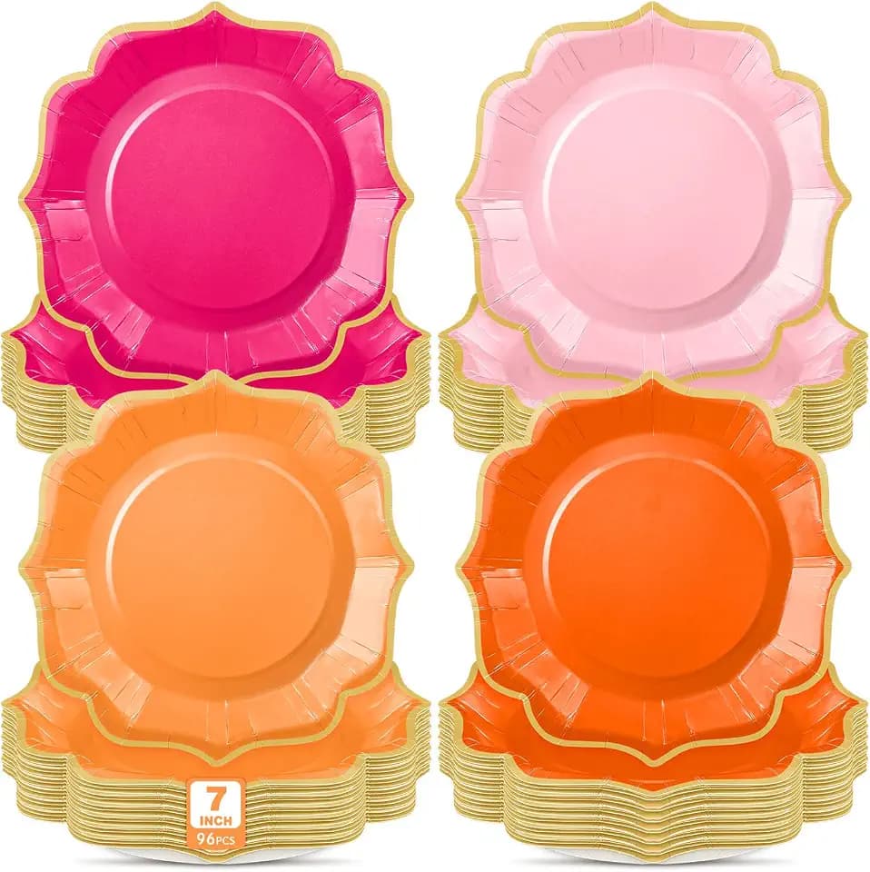 Potchen 96 Pink and Orange Dessert Plates 7 Inch Gradient Color Scalloped