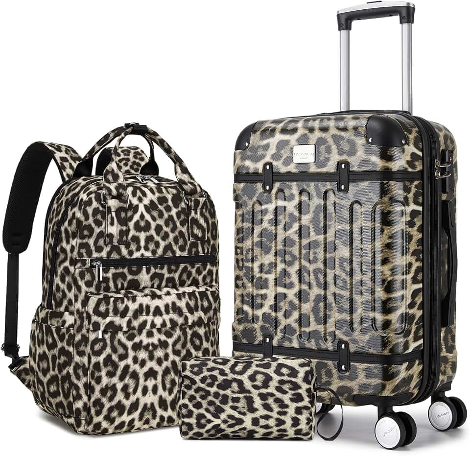 LARVENDER Expandable Carry on Luggage Sets 3 Piece Suitcases Set, Cheetah