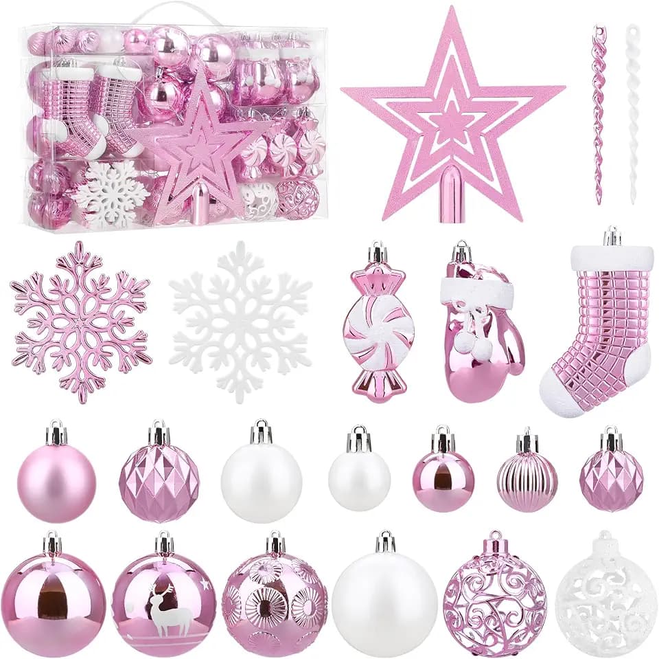 SOLEDI® Premium Christbaumschmuck Set | mit 128 Kunststoff-Kugeln (Rosa/Weiß) | inkl. Stern-Baumspitze | Robuste Mehrweg-Weihnachtsdeko mit Aufhängung | Sicher & Wiederverwendbar